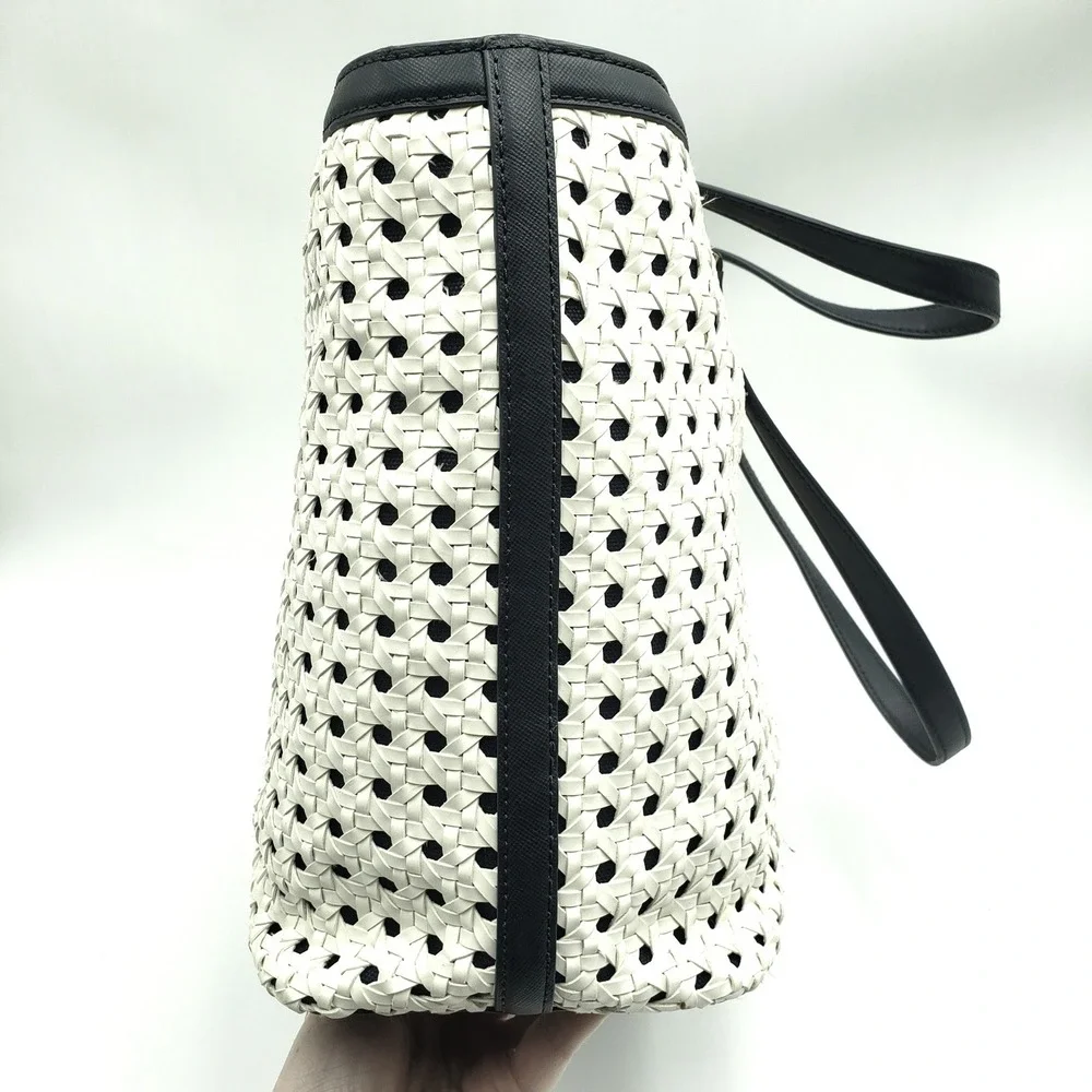 Tory Burch Robinson Basket Weave Tote Bag Woven Leather Cream Navy Blue Purse